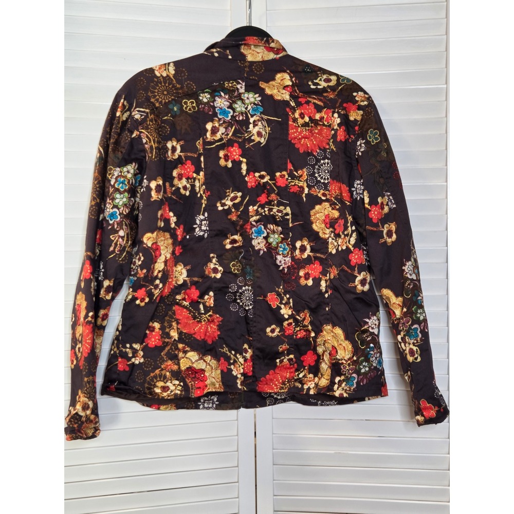 Chicos Floral Oriental Print Zip Jacket Size 12 Large Brown Cotton Stretch Mock - Picture 3 of 3